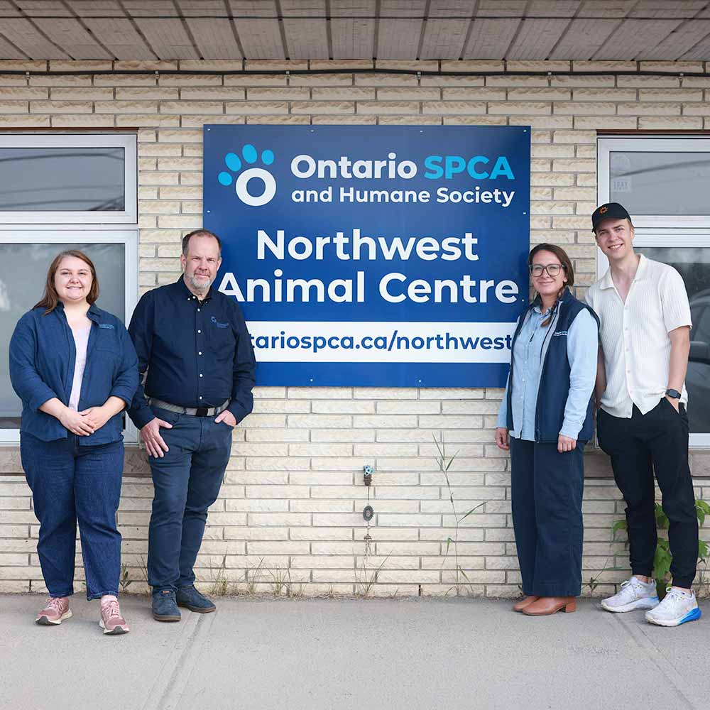Four people standing outside the Ontario SPCA and Humane Society Northwest Animal Centre in Thunder Bay, beneath the centre's sign.