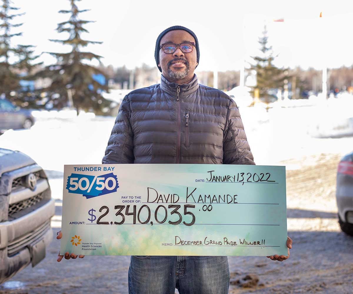 David Kamande of Thunder Bay, the first multi-millionaire Thunder Bay 50/50 winner — $2,340,035, December 2021